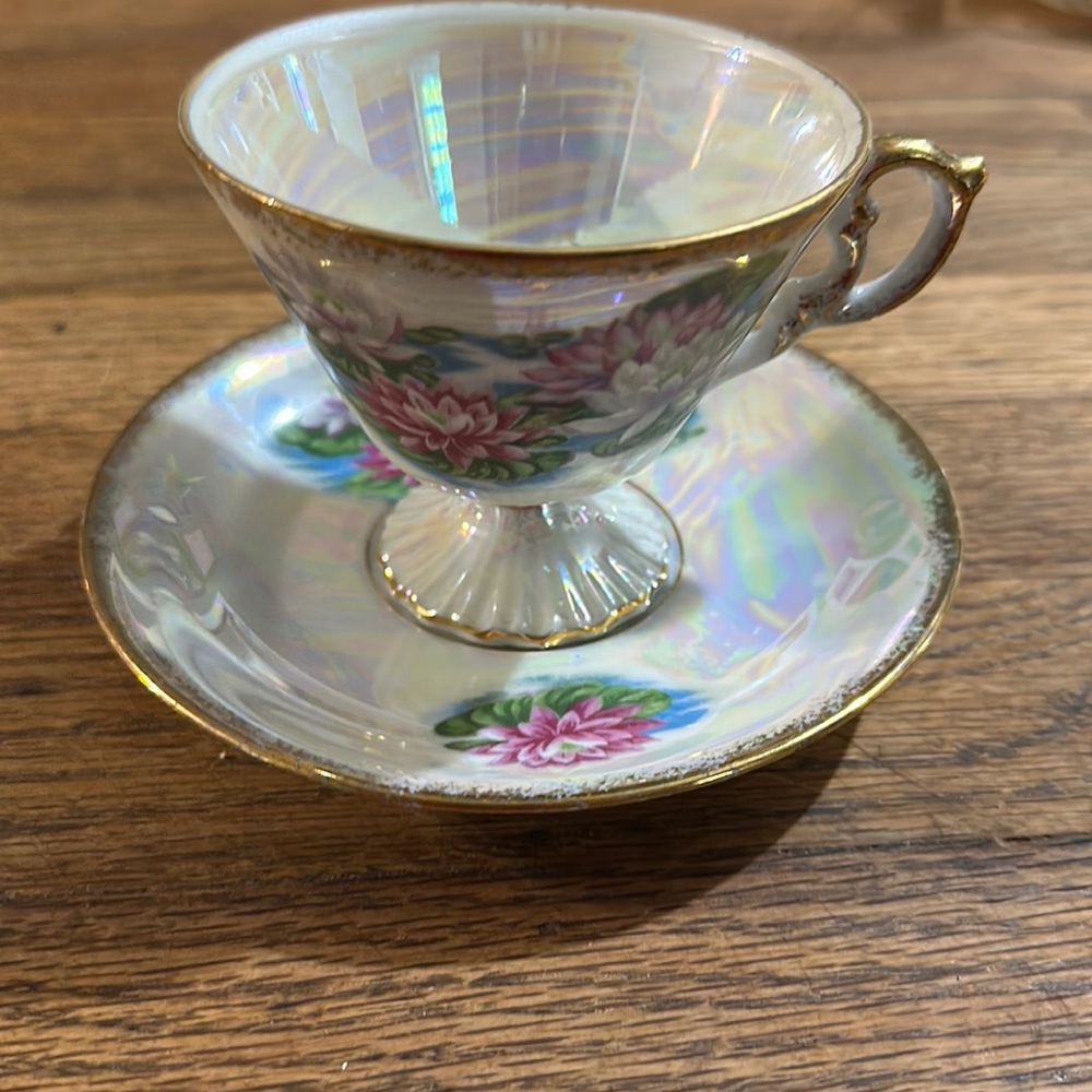 Enesco footed teacup and saucer water lily July marked import Japan